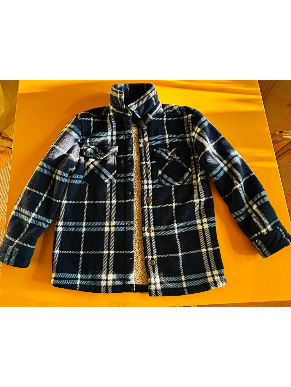 Freedom Foundry Boys Sherpa Lined Fleece Flannel Jacket Navy Plaid Snap Size 7/8